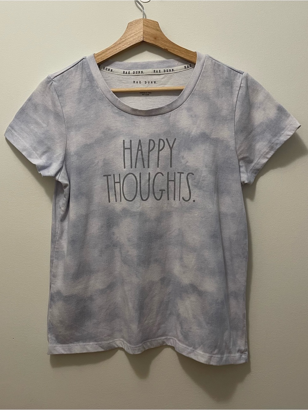 Rae Dunn Light Blue Tie-Dye "Happy Thoughts" Short Sleeve Tee